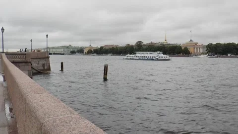 Neva River with passing excursion boats on a rainy autumn day. Stock Footage 340878473