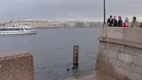 Neva River with passing excursion boats on a rainy autumn day. Stock Footage 340878475