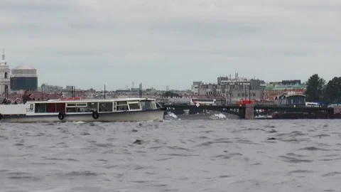 Neva River with passing excursion boats on a rainy autumn day. Stock Footage 340878478
