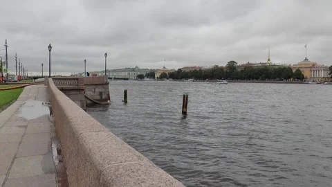 Neva River with passing excursion boats on a rainy autumn day. Stock Footage 340878480