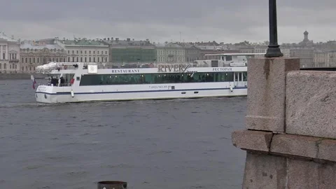 Neva River with passing excursion boats on a rainy autumn day. Stock Footage 340878485