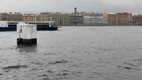 Neva River with passing excursion boats on a rainy autumn day. Stock Footage 340878512