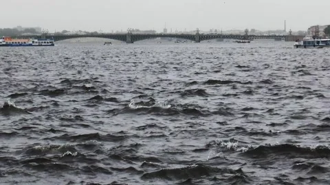 Neva River with passing excursion boats on a rainy autumn day. Stock Footage 340878545
