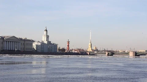 Neva River in the spring video. Ice is on the river. Video of the river. Spring 스톡 동영상 108240730