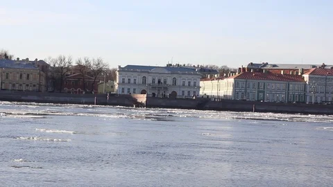 Neva River in the spring video. Ice is on the river. Video of the river. Spring Stock Footage 108240926