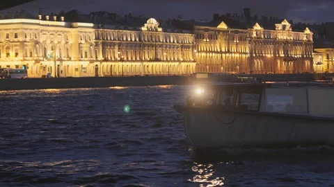 A Neva river surrounded by buildings of St. Petersburg at night Stock Footage 120134021