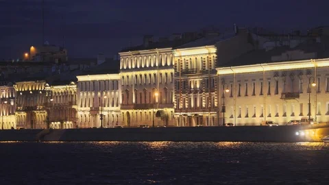 A Neva river surrounded by buildings of St. Petersburg at night Stock Footage 120134545