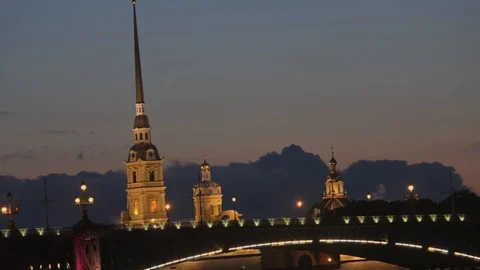 A Neva river surrounded by buildings of St. Petersburg at night Stock Footage 120134864