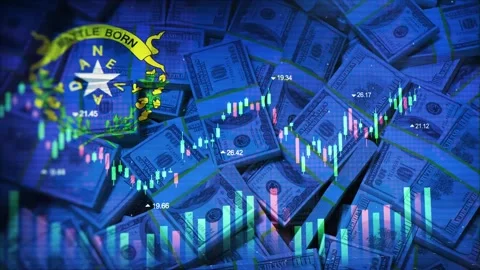Nevada Flag on Economic Background With Decrease Bar Chart Graph And Arrow Stock Footage 320971837