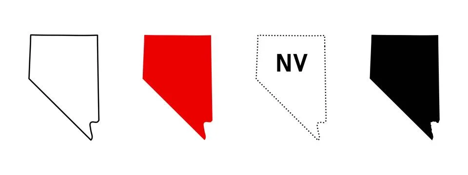 Nevada state map icon set. US state silhouette in outline, solid, dotted li.. Stock Illustration