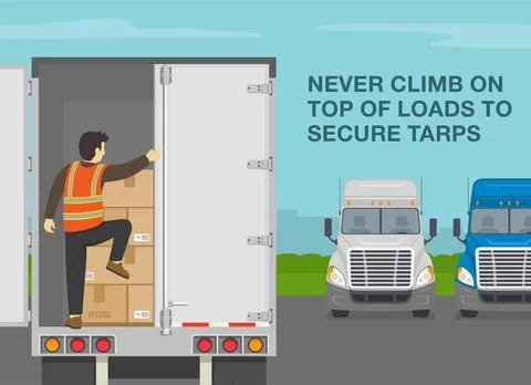 Never climb on top of loads to secure tarps. Semi-trailer loaded with cardboard. Stock Illustration