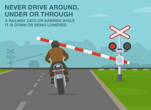 Never drive around, under or through a railway barrier while it's down. Stock Illustration