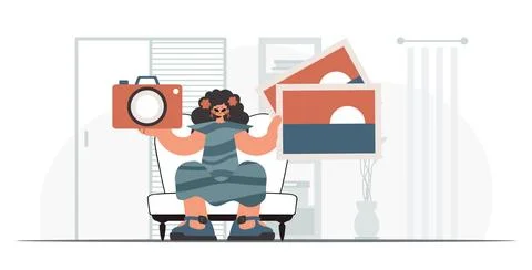 The never-ending lady holds a camera and photographs in his hands Stock Illustration