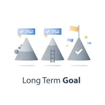 Never give up concept, mountain top, reach higher goal, accomplish challenge, Illustrazione stock