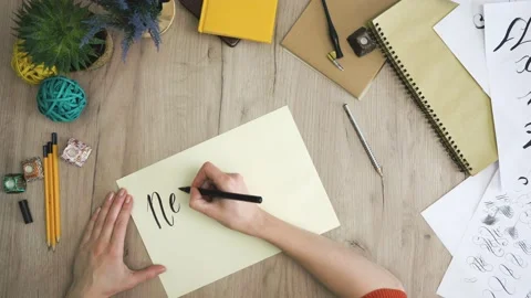 Never give up In A Paper Card Written In Calligraphy Form Form on White Paper Stock Footage 148692683
