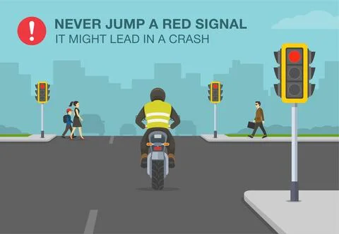 Never jump a red signal, it might lead in a crash. Back view of a motorcycle. Stock Illustration