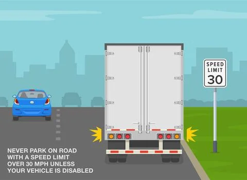 Never park on road with a speed limit over 30 mph. Semi-trailer stopped on road Ilustração Stock