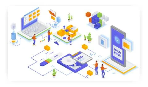 Never run out of storage. Get free 10gb data to organize stuff, vector isometric 库存插图