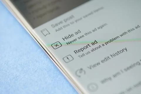 Never see ad again button in facebook Stock Photos