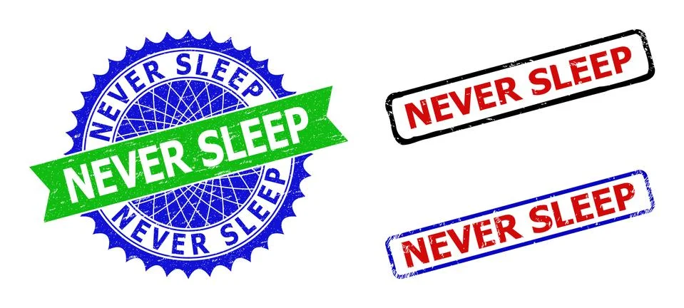NEVER SLEEP Rosette and Rectangle Bicolor Stamp Seals with Corroded Surfaces Illustrazione stock