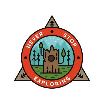 Never stop exploring logo, camping adventure emblem design with mountains and Stock Illustration