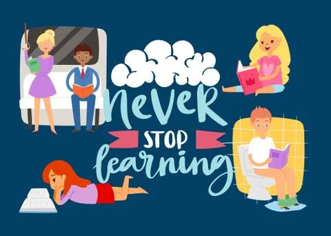 Never stop learning lifelong eucation concept with studying cartoon people and Stock Illustration