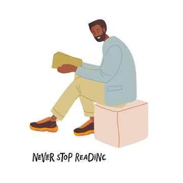 Never stop reading. Man sitting on pouf and reading book. Young trendy bearded Stock Illustration