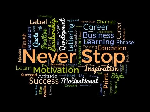 Never Stop wordcloud template. Business concept vector background. Stock Illustration