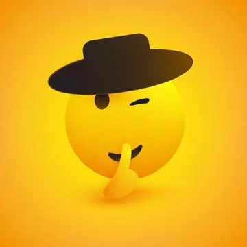 Never Tell! - Winking, Shushing Face with Black Hat Gesturing - Finger on L.. Stock Illustration