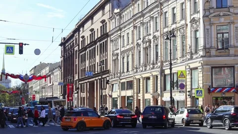 Nevsky Prospect, decorated with festive flags for the Victory Day celebration Stock Footage 274366018