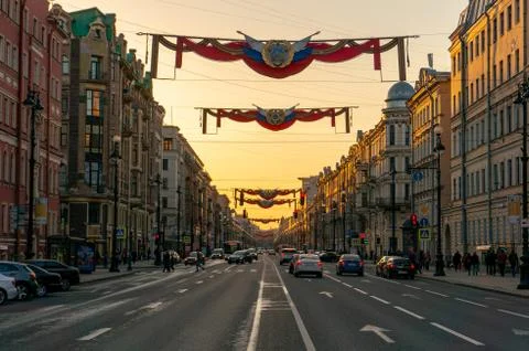 Nevsky Prospect is preparing for the May Day demonstration in St. Petersburg Stock Photos