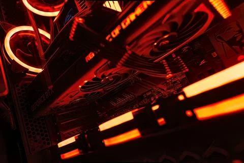 New 12-Pin GPU Cabling for NVIDIA Video Cards in Illuminated Gaming PC Setup Foto stock