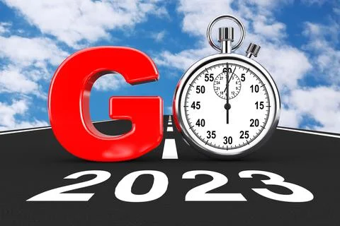 New 2023 Year Concept. Stopwatch as Go Sign over 2023 New Year Road. 3d Rende Ilustração Stock