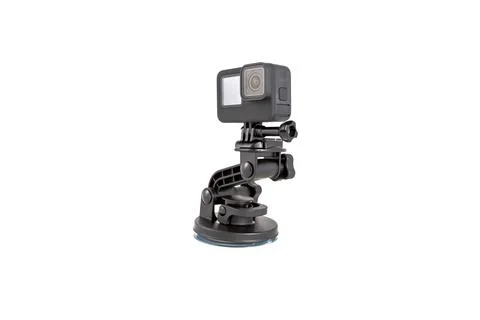 New 4K action camera on a suction mount in black color. Isolated white Stock Photos
