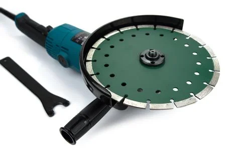 New angle grinder with a diamond disc cutter for stone ceramic and concrete Stock Photos