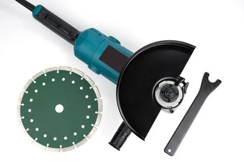New angle grinder with a diamond disc cutter for stone ceramic and concrete Stock Photos