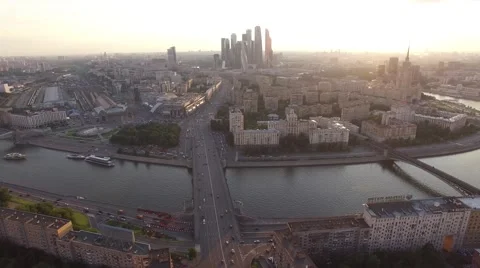 New Arbat street from above flight over. Aerial drone Moscow city center. Old So Stock-Footage 64072653