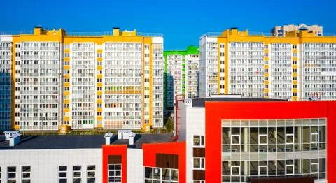 New area with panel multi - storey buildings painted in different colors Stock Photos