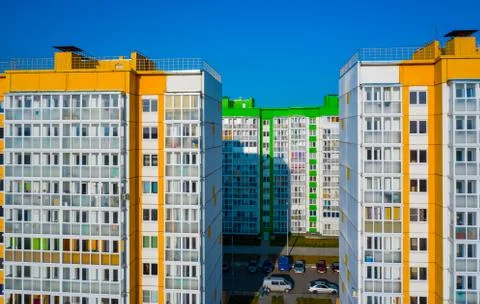 New area with panel multi - storey buildings painted in different colors Stock Photos