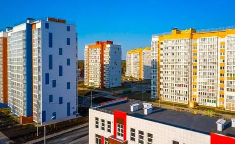 New area with panel multi - storey buildings painted in different colors Stock Photos