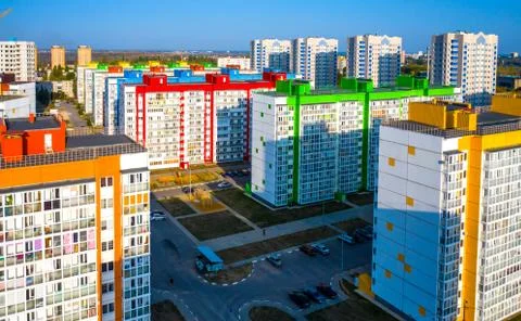 New area with panel multi - storey buildings painted in different colors Stock Photos