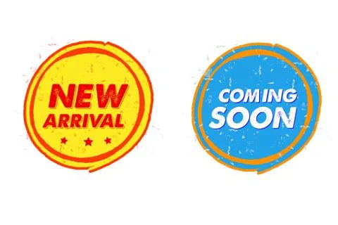 New arrival and coming soon, grunge drawn circle labels Stock Illustration