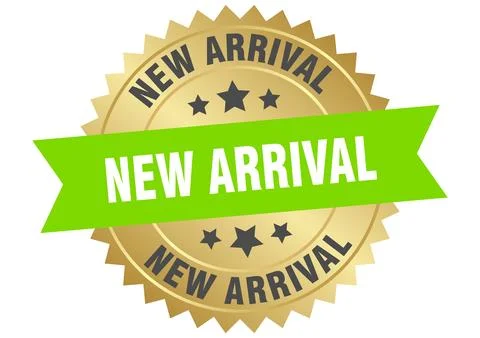 New arrival. new arrival round green and gold label isolated on transparent.. Stock Illustration