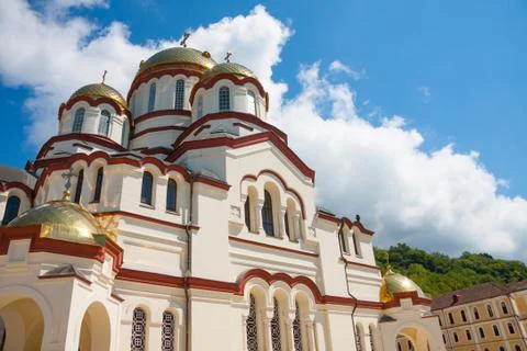 New Athos monastery of St. Simon the Canaanite monastery in the sunshine. New Stock Photos