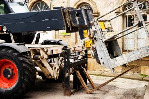 New automatic self propelled lifting platform outside. Stock Photos
