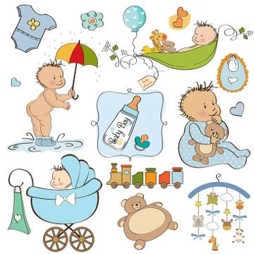 New baby boy elements set isolated on white background Illustrazione stock