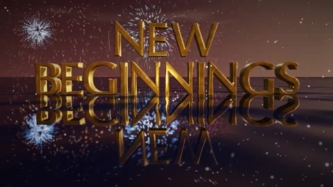 New Beginnings Gold 3D Text Rising From Reflective Water With Fireworks Seam Video stock 342803070
