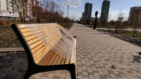 New bench in polyethylene in the park Stock Footage 219856833