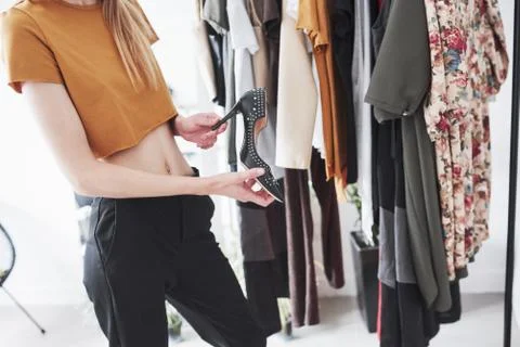 New black heel. The process of fitting the dress in the studio of hand crafte Stock Photos