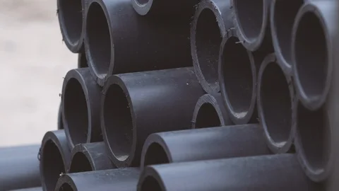 New black plastic pipes on the construction site. Close-up 動画素材 108389738